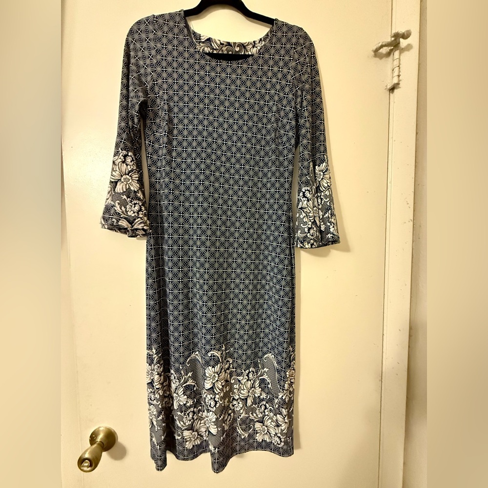 Glamour Dress Navy and Cream Patterned Fabric Midi Dress